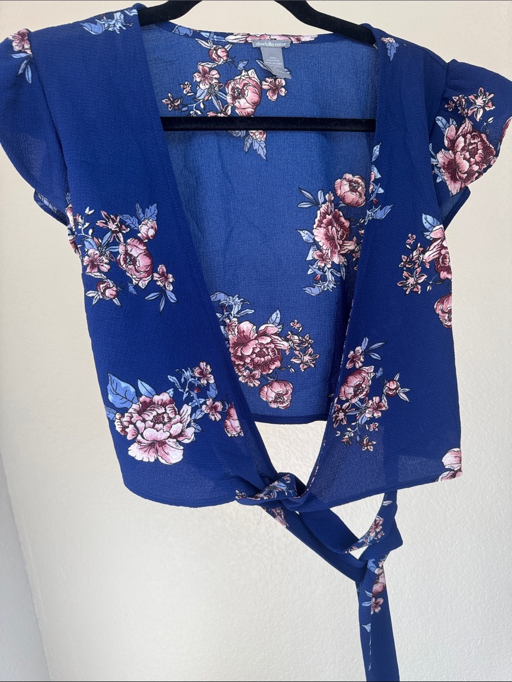 Charlotte Russe Floral Tie-Front Crop Top - Navy
